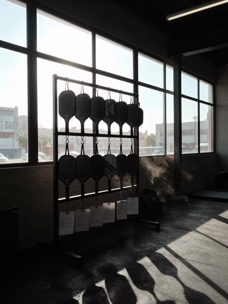 Silhouetted Pickleball Rack in La Paz Gym Light in at a gym check-in desk in La Paz