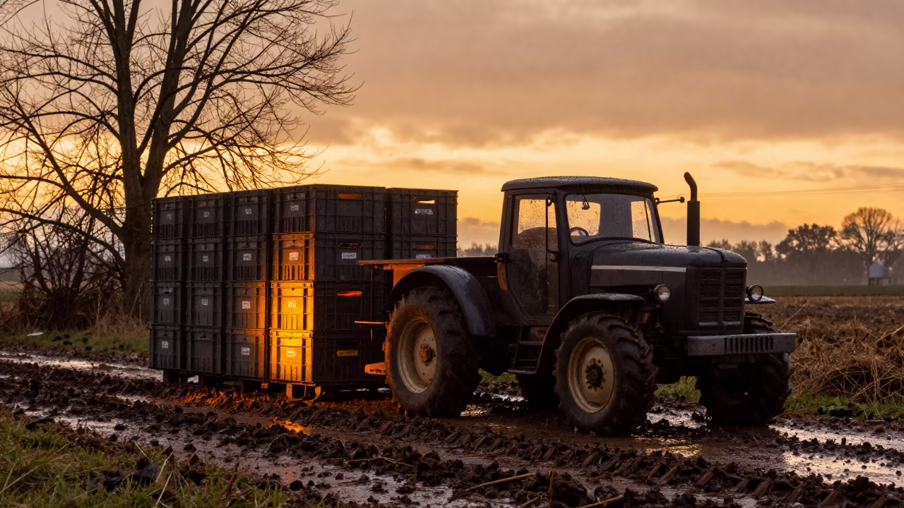 Silhouetted Pickup Beside Harvest Crates in Winter Alsace in beside a tractor track through dark soil in Alsace