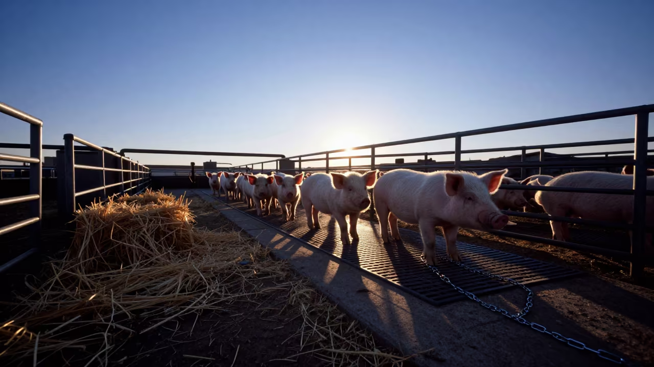 Silhouetted Pig Nursery at California Loading Ramp in at a stockyard loading ramp in California