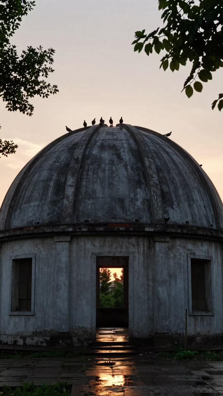 Silhouetted Pigeons in Abandoned Dome Near Zhengzhou in inside a roofless nave near Zhengzhou