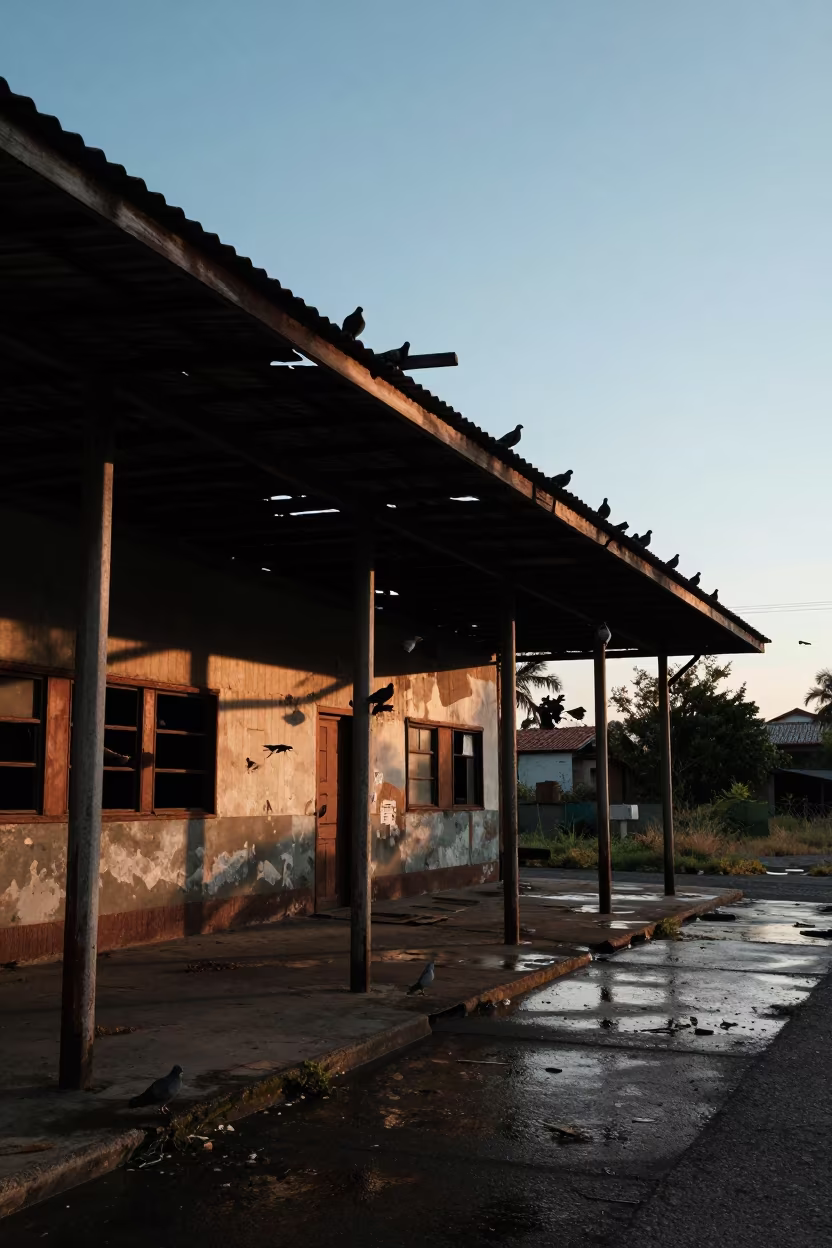 Silhouetted Pigeons Over Derelict Depot in near Tlaquepaque