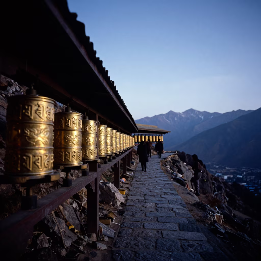 Silhouetted Pilgrims Spinning Prayer Wheels at Sunset in at a rocky saddle overlooking a mountain valley near Kathmandu