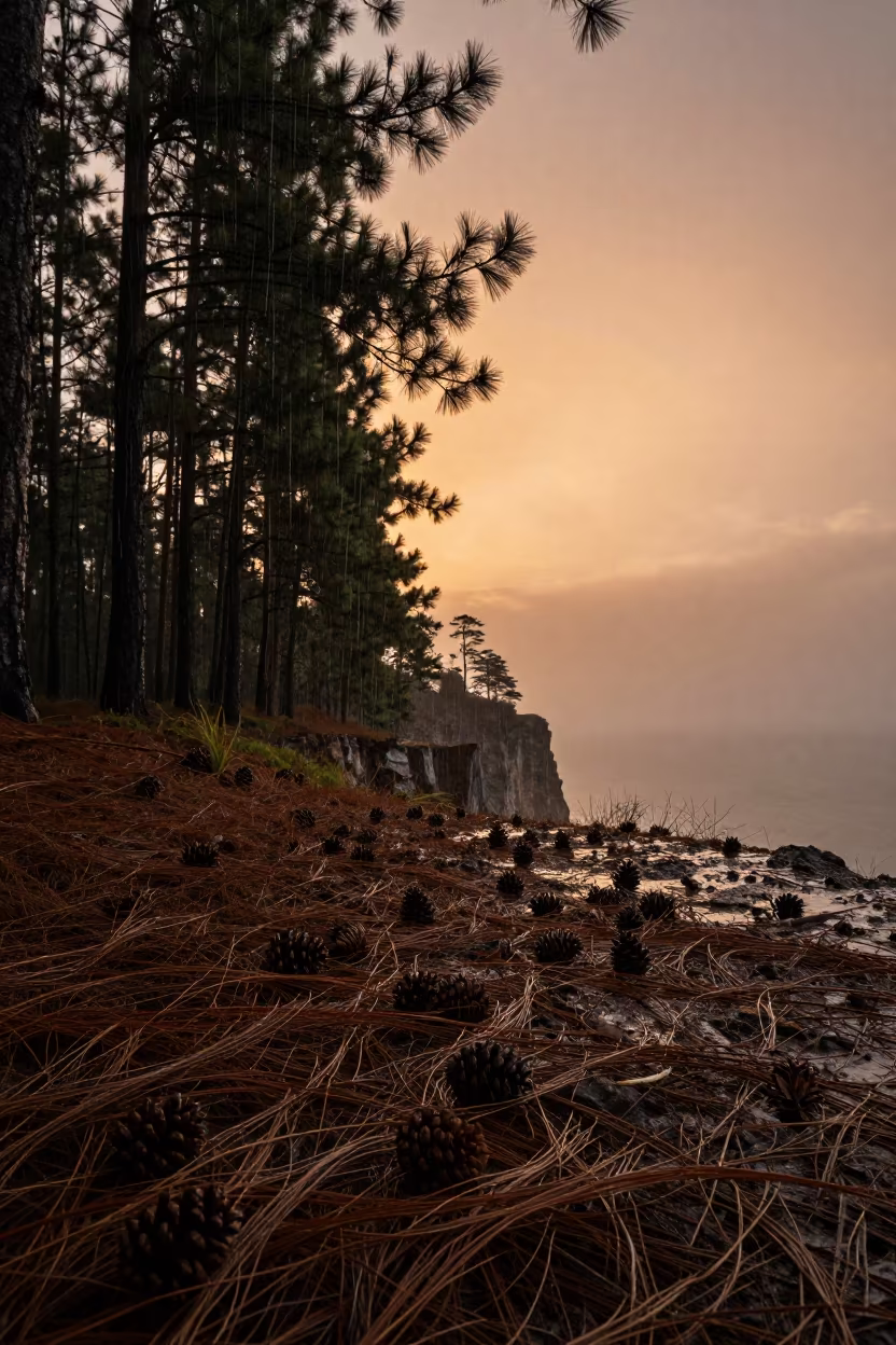 Silhouetted Pine Forest Floor Sunset Rain in along a salt-sprayed cliff edge in Tanzania