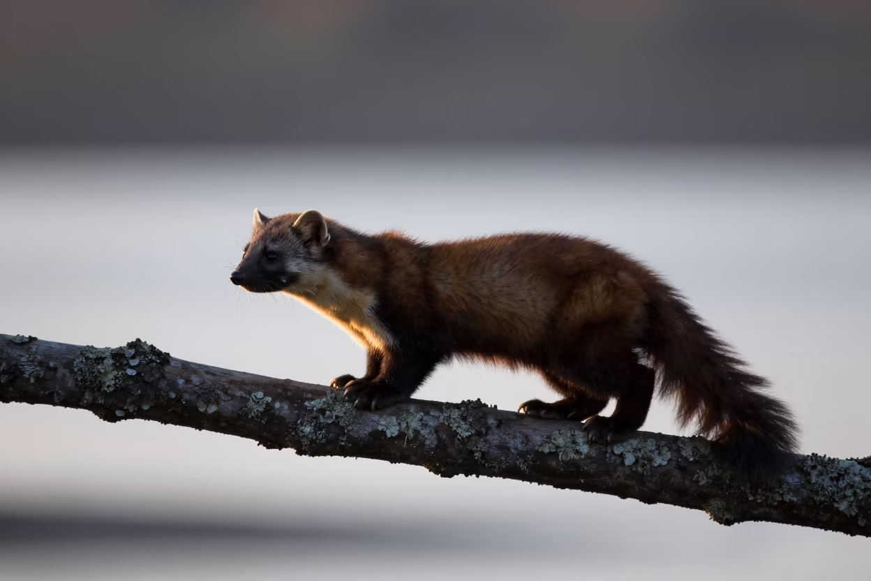 Silhouetted Pine Marten Amid Snow at Wuhan Dawn in beside a tidal inlet near Wuhan