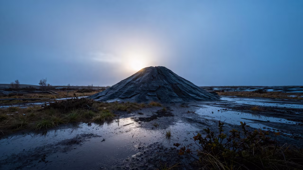 Silhouetted Pingo Mound After Rain in across a floodplain after rain near Oslo