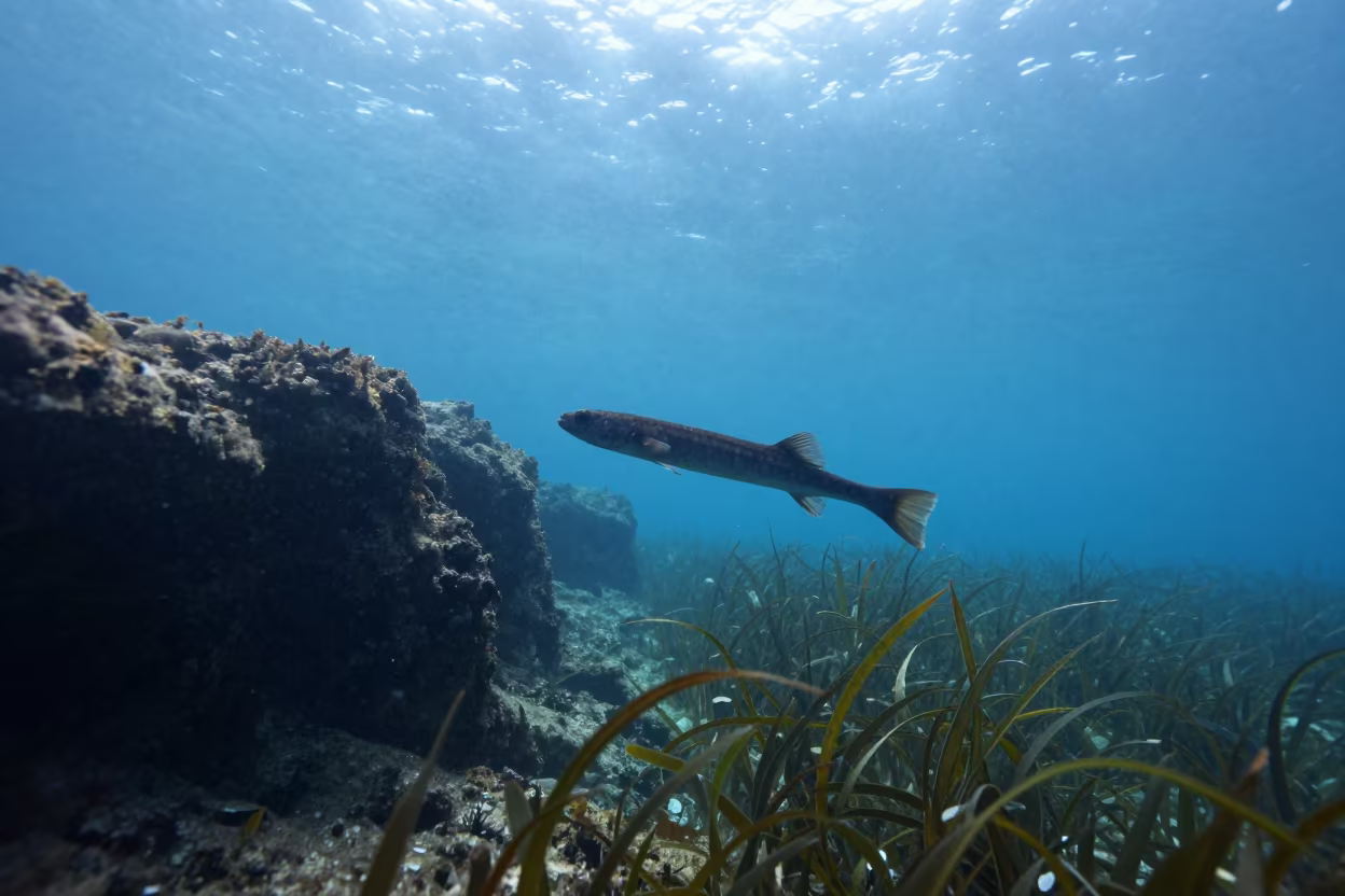 Silhouetted Pipefish Amidst Seagrass in Mombasa in beside a tide-cut rock ledge under clear water in Mombasa