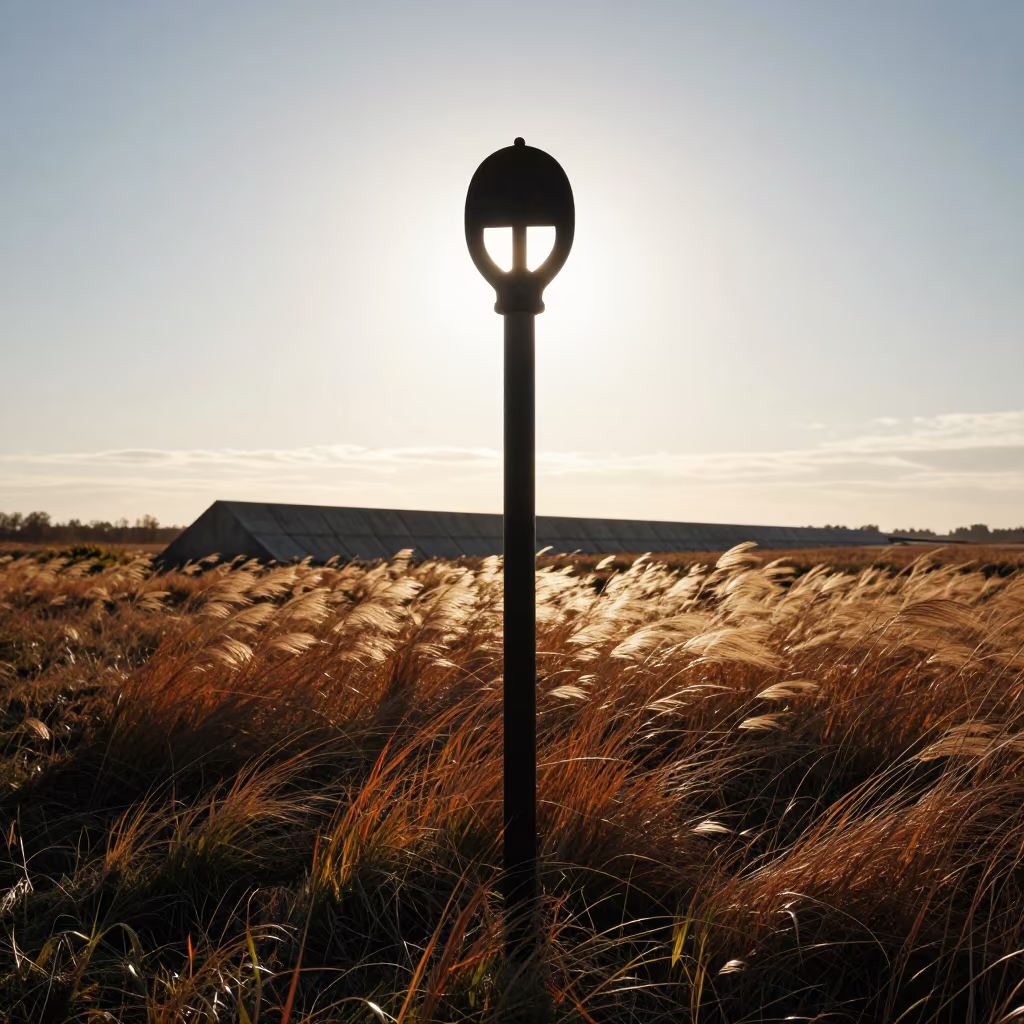 Silhouetted Pipeline Marker on Autumn Grassland in beside a storm surge barrier in Rio Grande do Sul