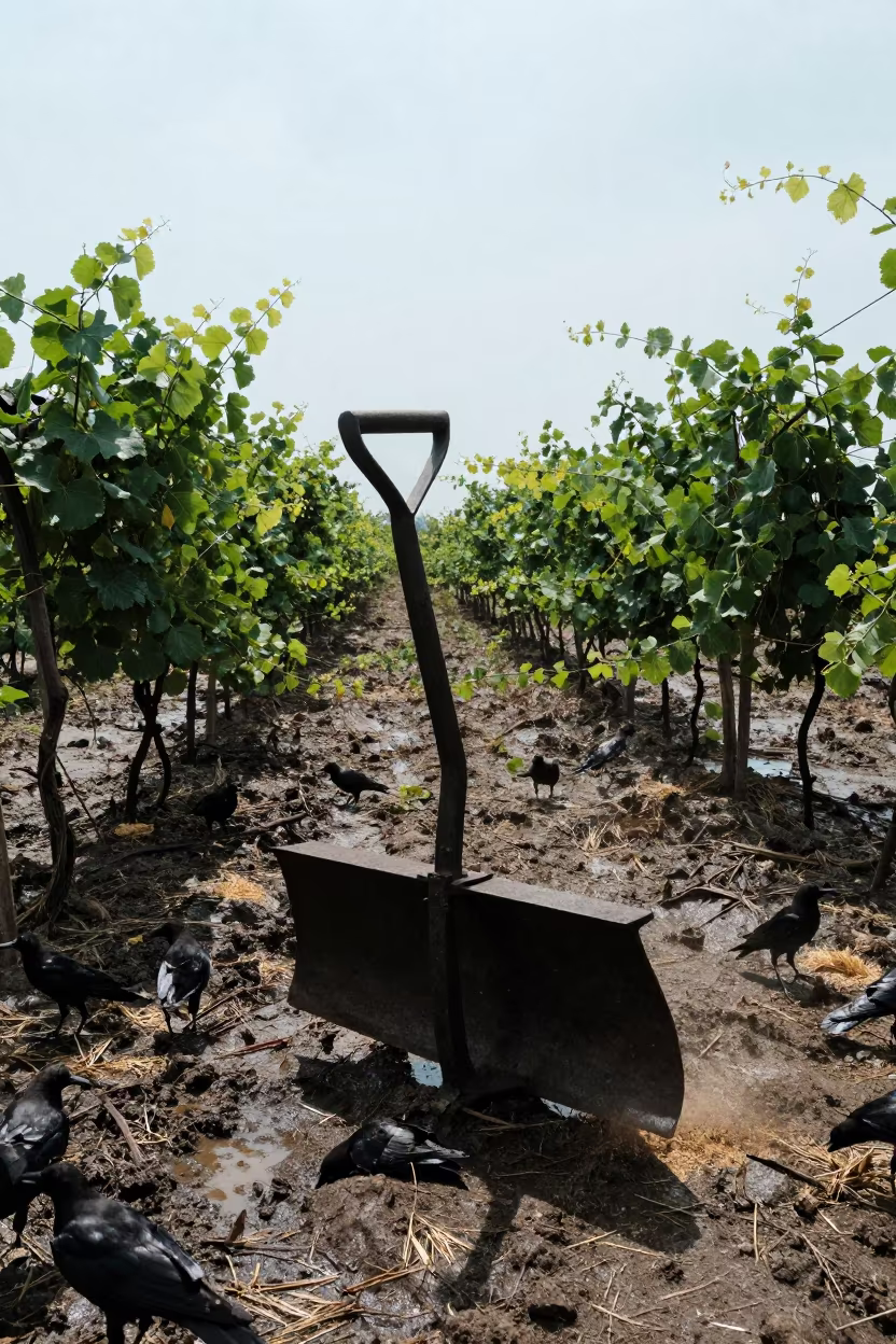 Silhouetted Plow in Mekong Delta Vineyard in between vineyard trellises in the Mekong Delta