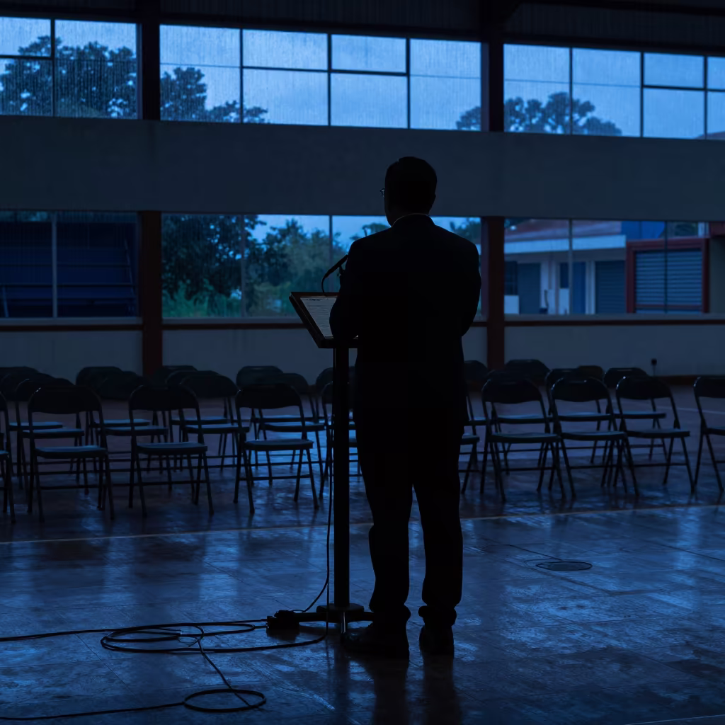 Silhouetted Podium and Cables in Santa Cruz Hall in inside a polling station gymnasium in Santa Cruz de la Sierra
