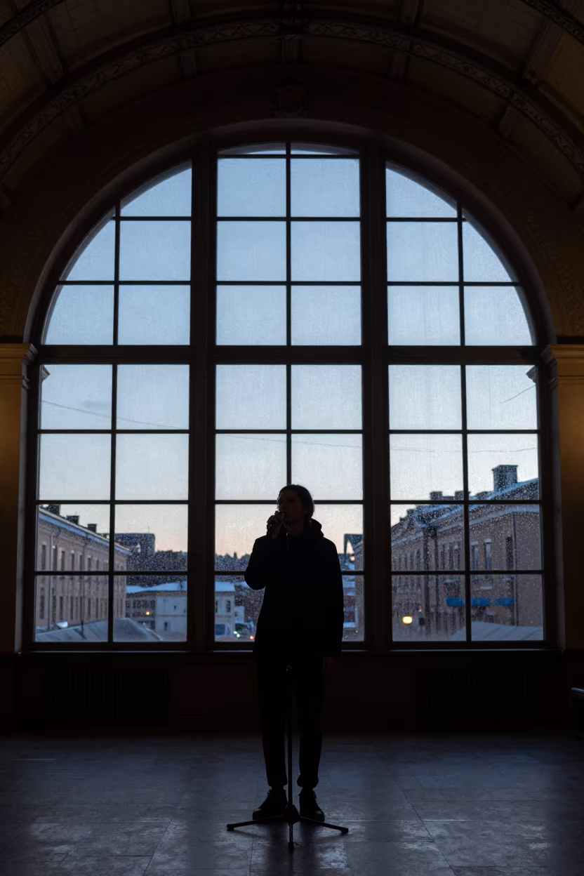 Silhouetted Poet in Helsinki Train Terminal in inside a restored train terminal in Punavuori, Helsinki