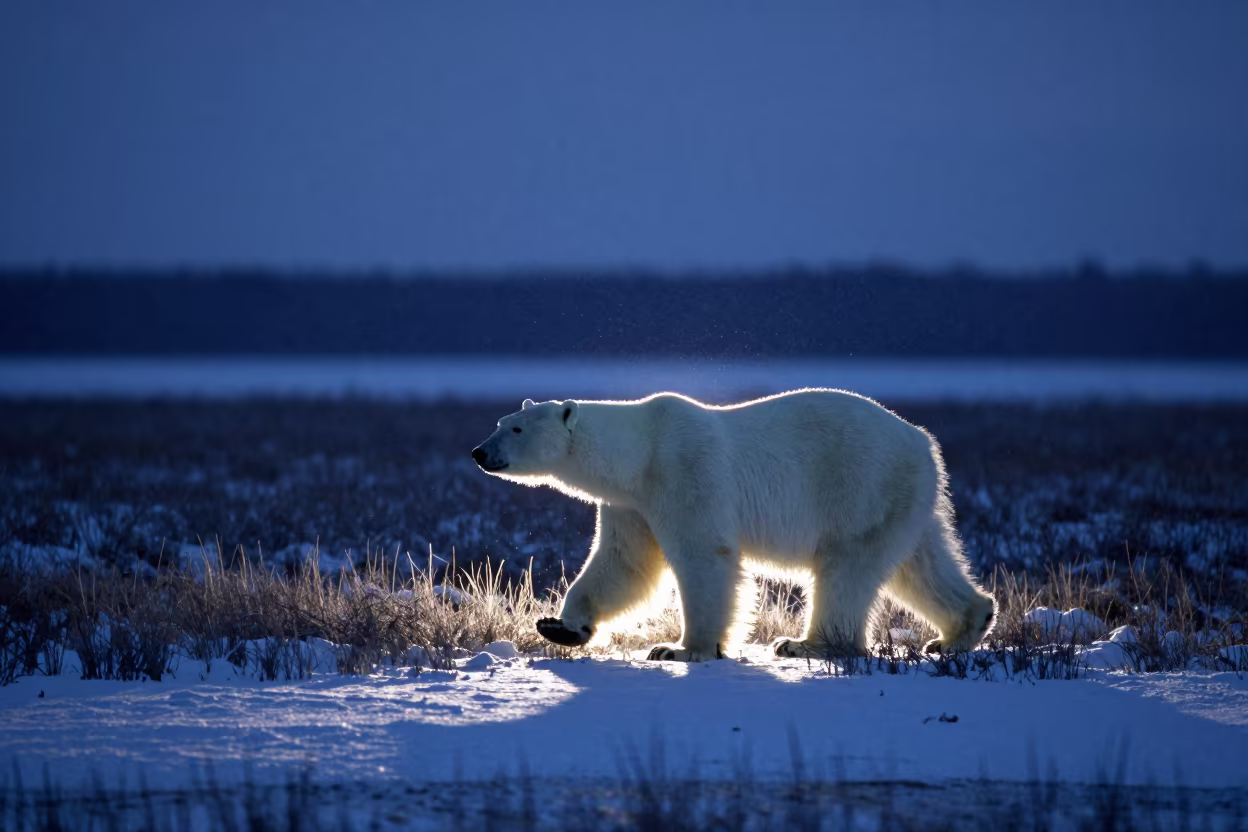 Silhouetted Polar Bear in Twilight Salt Marsh in beside a tidal inlet in Canada