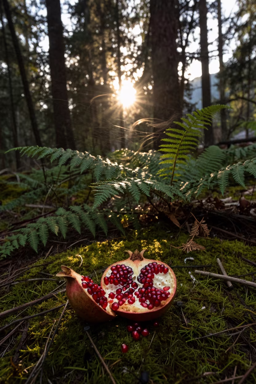 Silhouetted Pomegranate Seeds on Kashmir Forest Floor in on a fern-lined forest floor in Kashmir
