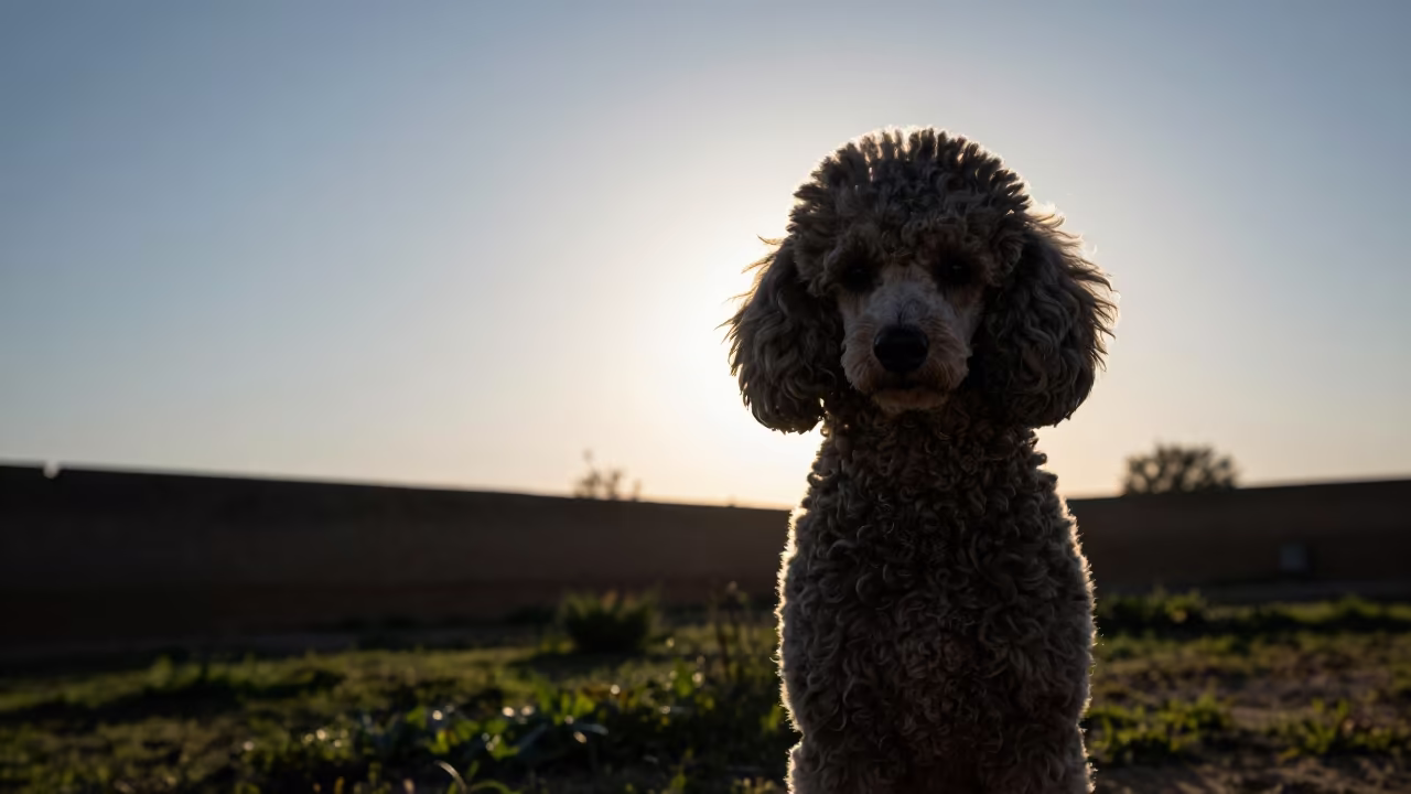 Silhouetted Poodle Portrait Near Garden Edge in near a garden edge with soft morning light and an uncluttered background in Batna