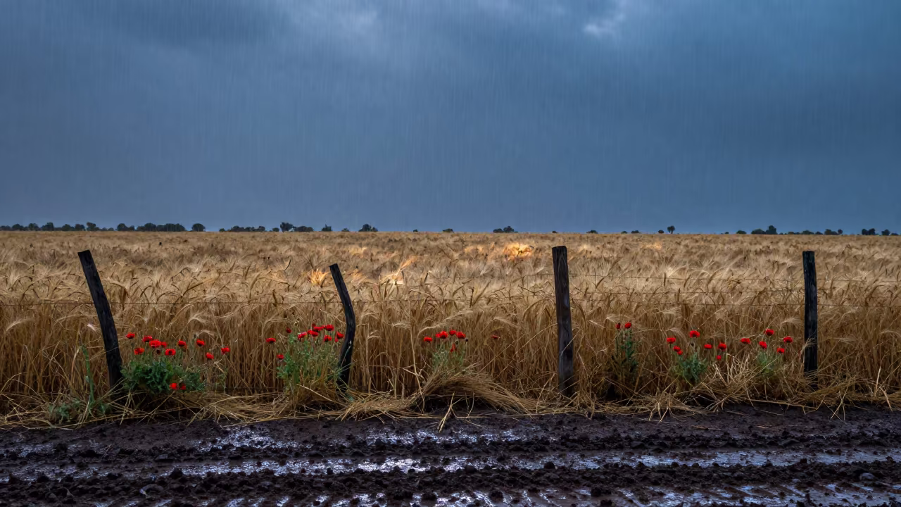 Silhouetted Poppies and Bent Fences in Mali Twilight in beside a tractor track through dark soil in Mali