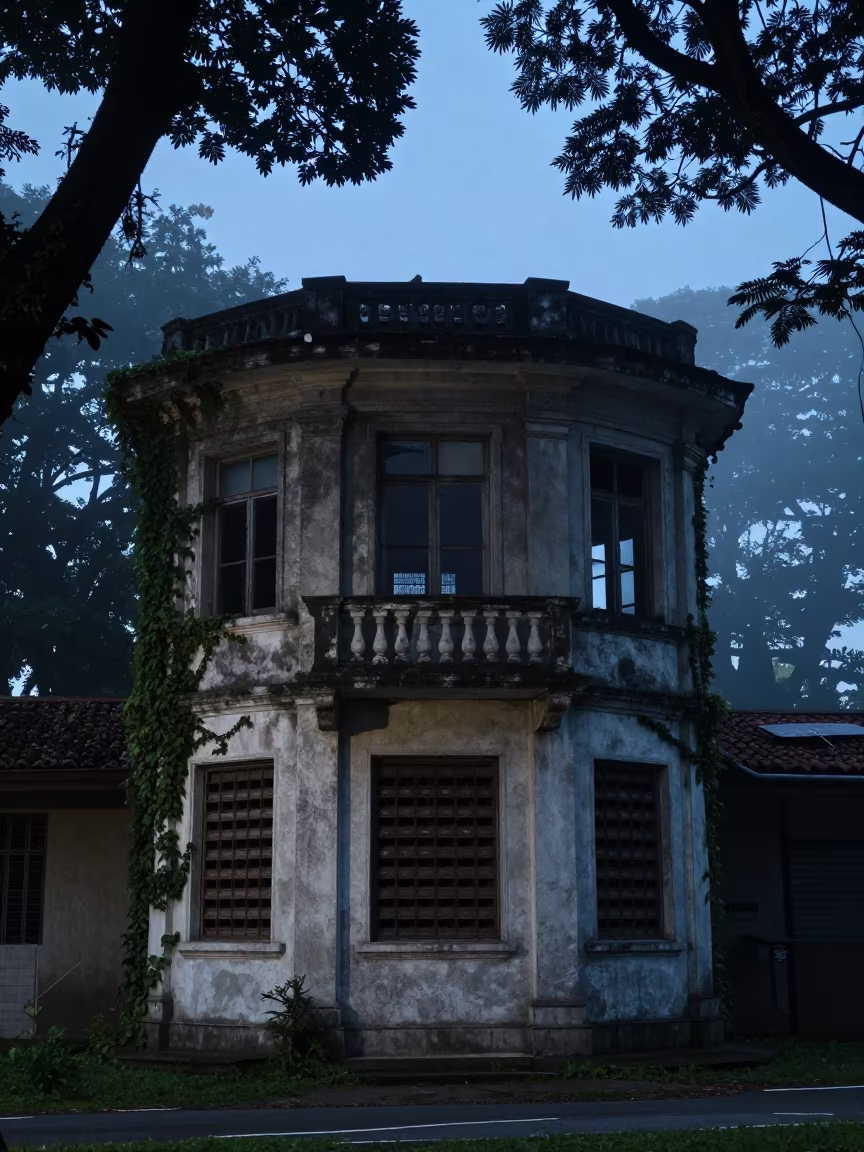Silhouetted Post Office Ruin in Singapore Mist in beside ivy-draped masonry near Singapore