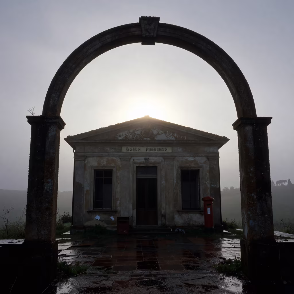 Silhouetted Post Office in Tuscan Mist in in Tuscany