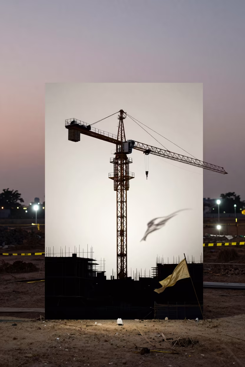 Silhouetted Poster Under Crane in Rajasthan in beneath a tower crane on open ground in Rajasthan