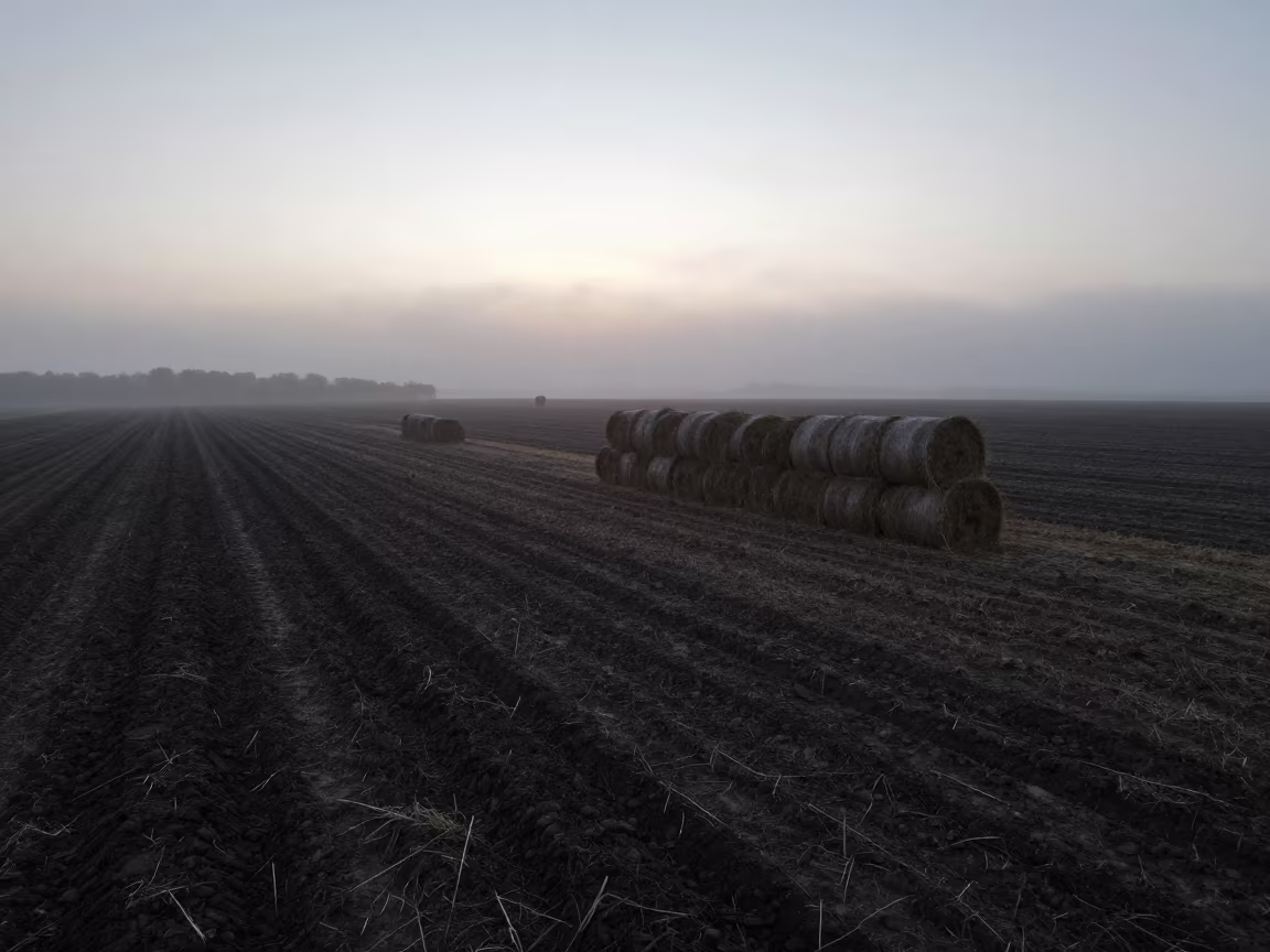 Silhouetted Potato Furrow Amidst Twilight Mist in beside stacked hay bales near Wolverhampton