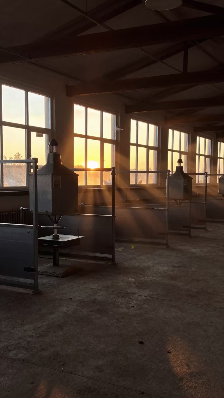 Silhouetted Poultry House Before Midnight Sun in inside a milking parlor in Sweden