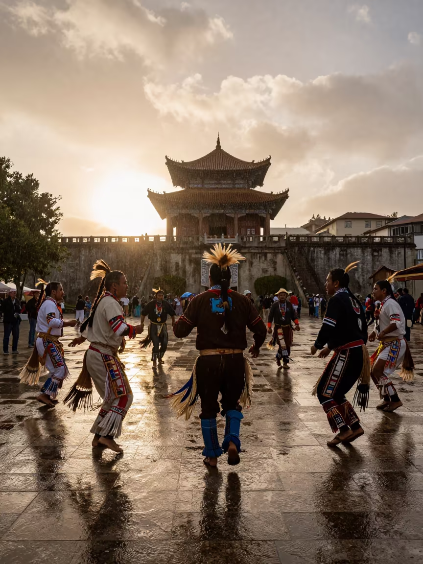 Silhouetted Pow Wow Dancers in Porto Monsoon in in a temple courtyard near Vila Nova de Gaia, Porto