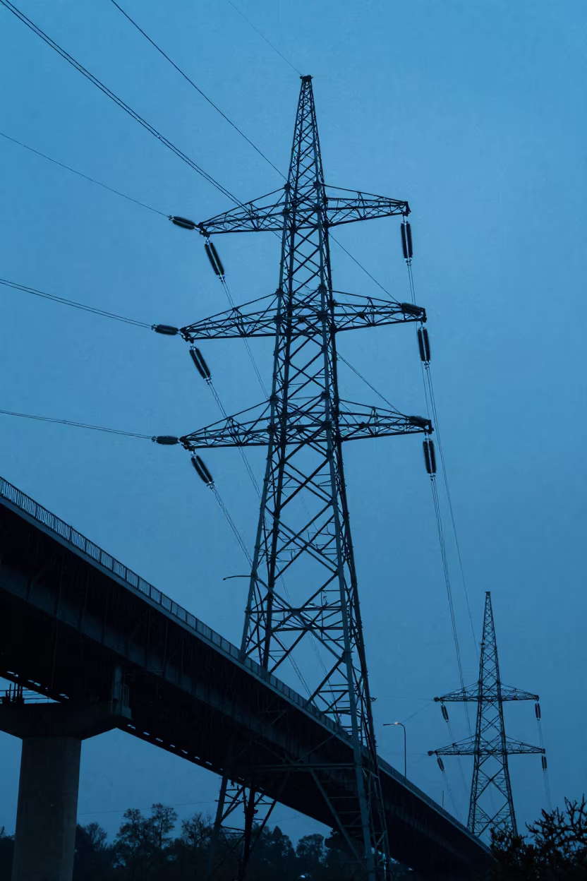 Silhouetted Power Substation Under Luxembourg Bridge in under a cable-stayed bridge span in Luxembourg
