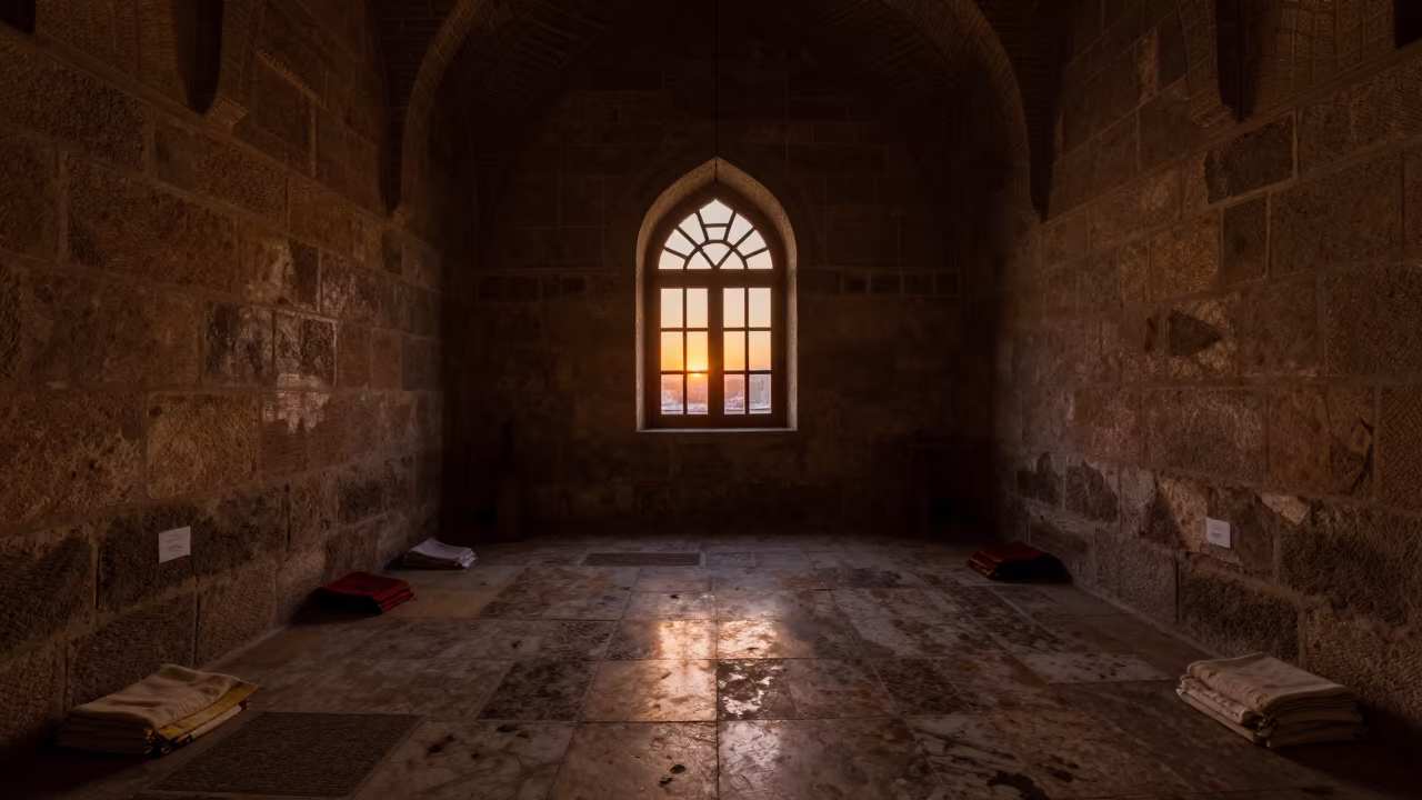 Silhouetted Prayer Cloths in Shiraz Winter Chapel in inside a stone chapel in Shiraz