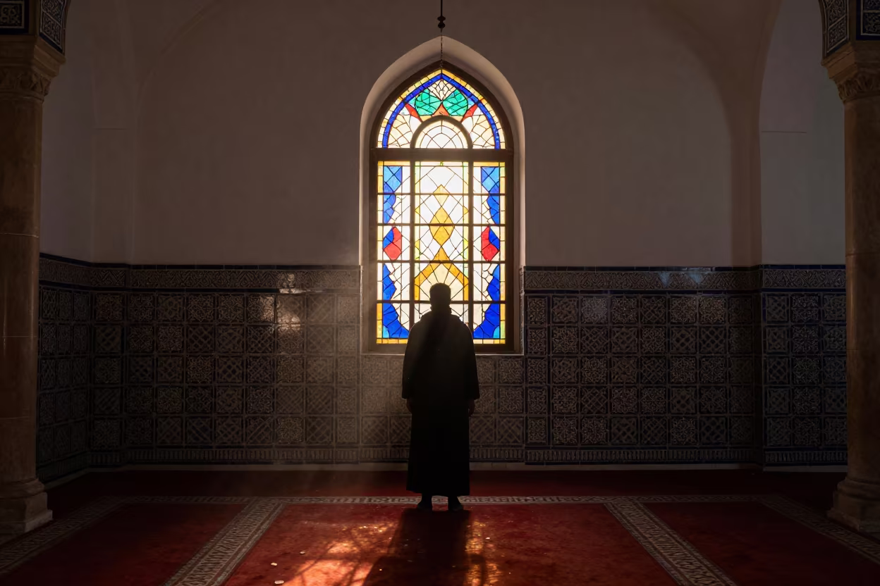 Silhouetted Prayer in Kufa Druze Chapel in in a chapel lit by stained glass in Kufa
