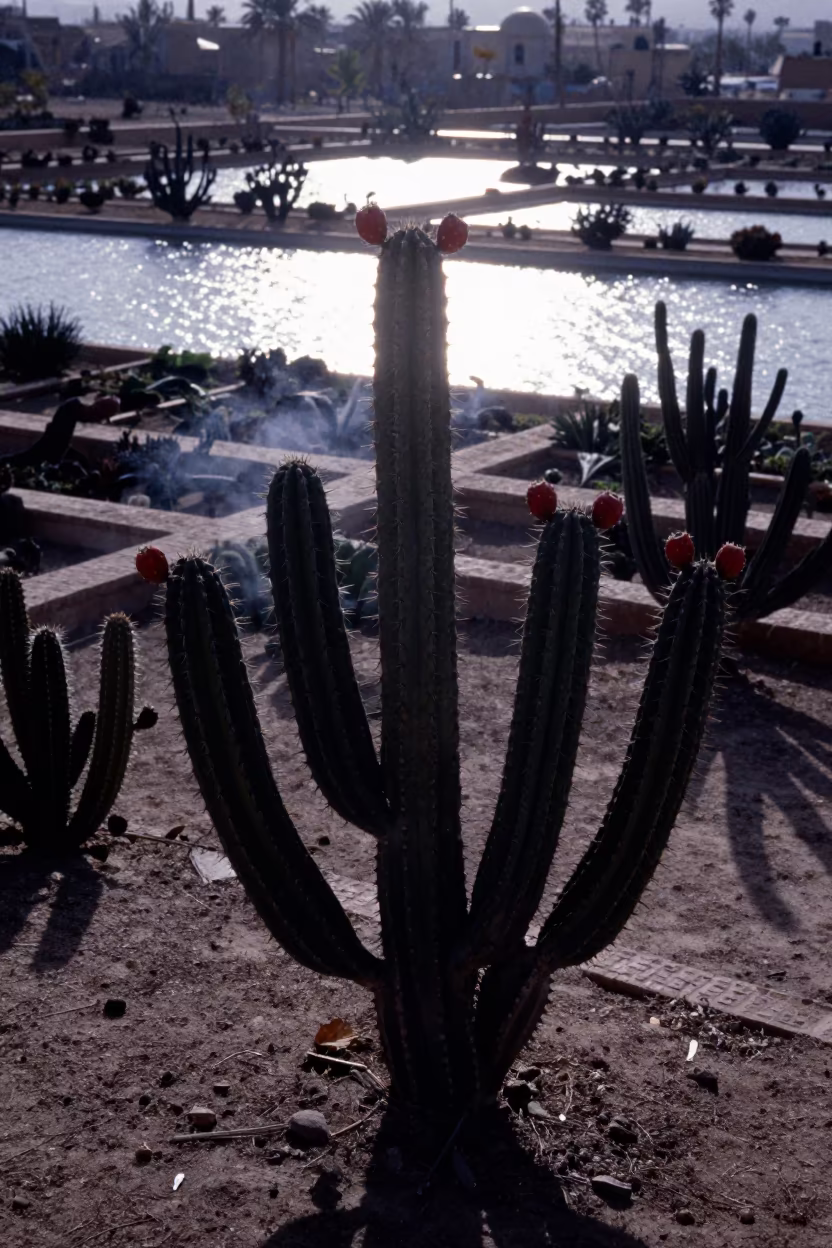 Silhouetted Prickly Pear Cactus in Desert Garden in among terraced garden plots near Isfahan