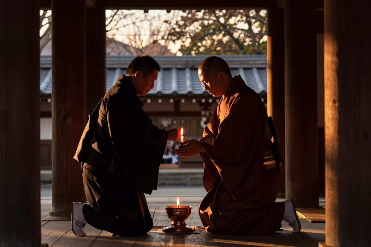 Silhouetted Priest in Candlelit Osaka Nave in inside a candlelit nave in Osaka