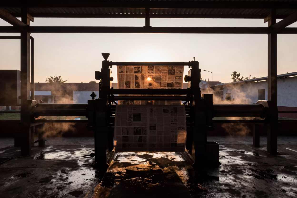 Silhouetted Printing Press in Welding Bay in in a welding bay near Santiago de Querétaro