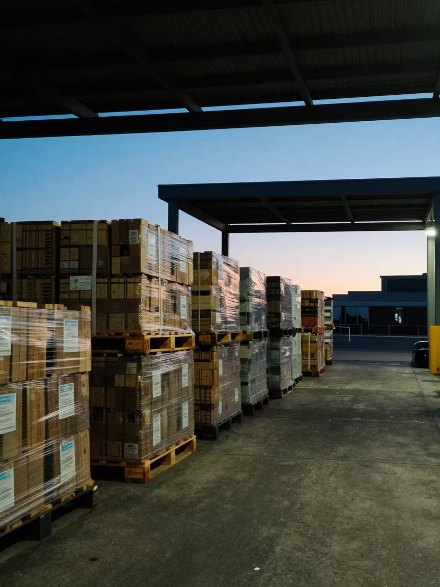 Silhouetted Produce Crates on Woodstock Cape Town Dock in at a loading dock before dispatch in Woodstock, Cape Town