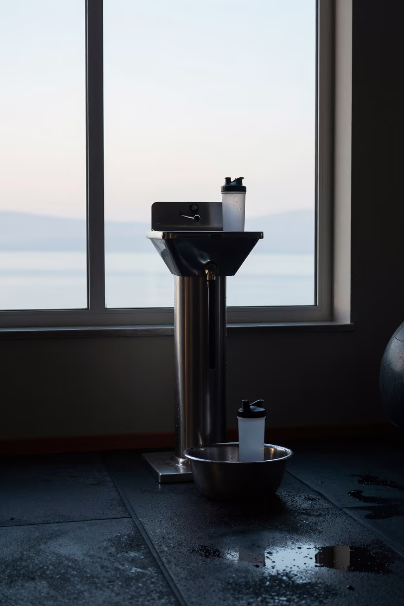 Silhouetted Protein Shaker Rinse Station Early Morning in inside a climbing gym warmup zone near Izmir