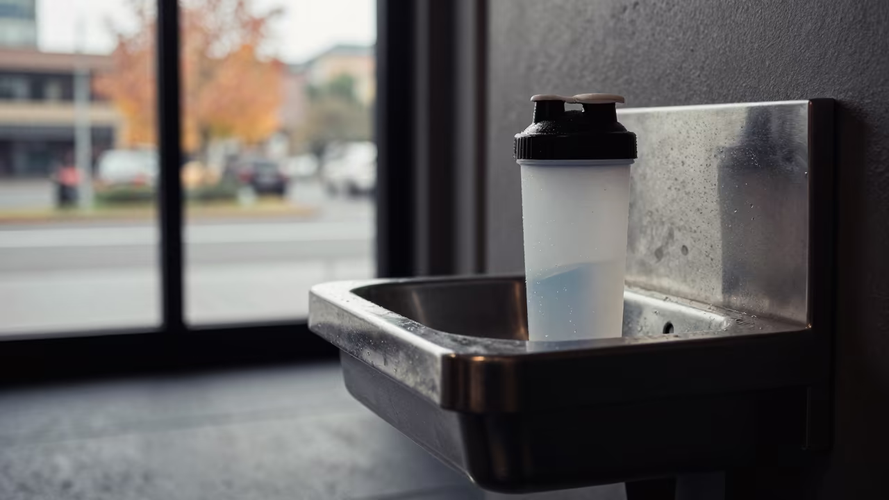 Silhouetted Protein Shaker Rinse Station in inside a strength room near Degraves Street, Melbourne
