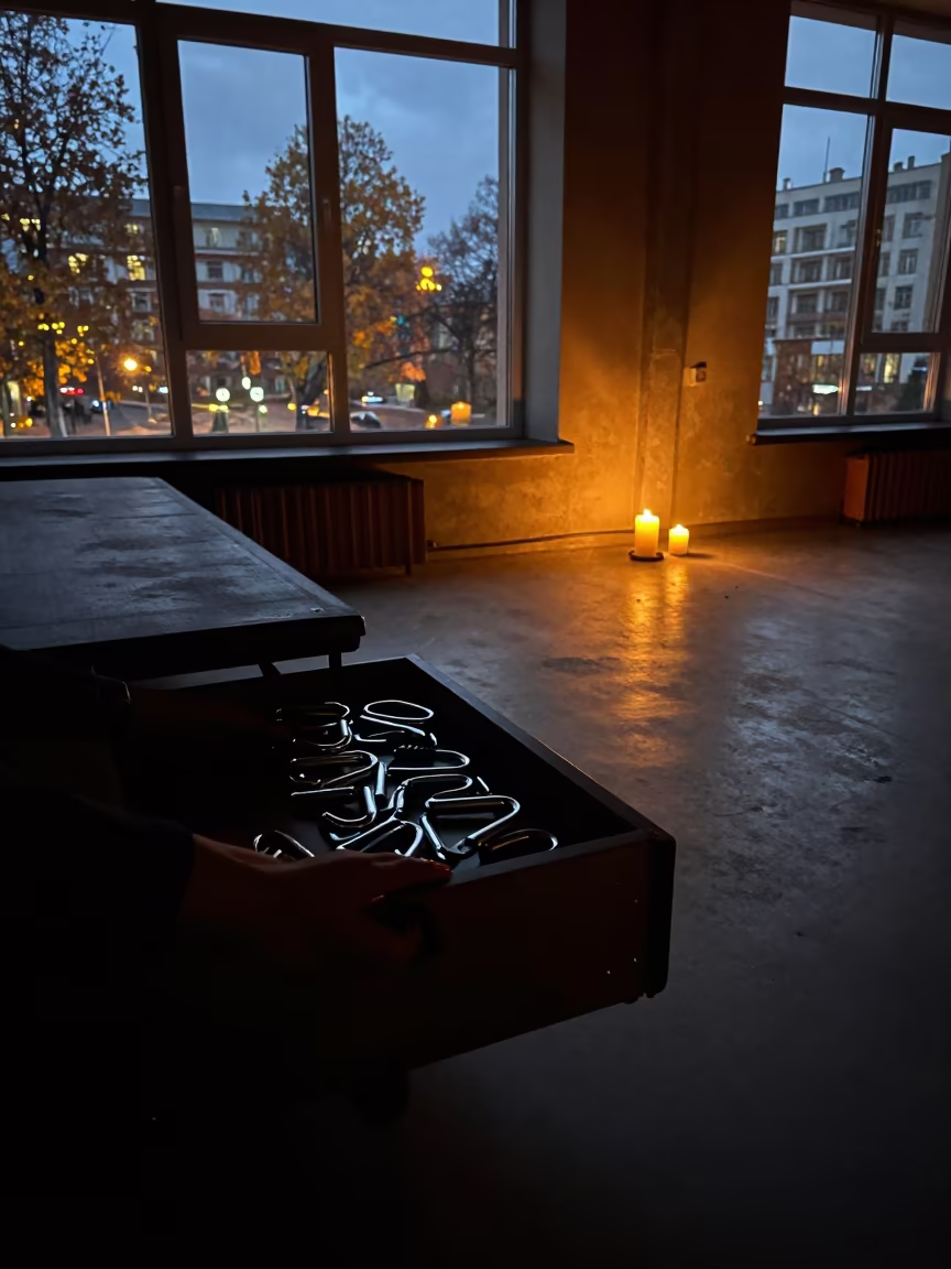 Silhouetted PT Carabiner in Novosibirsk Spin Studio in inside a spin studio under class lights in Novosibirsk
