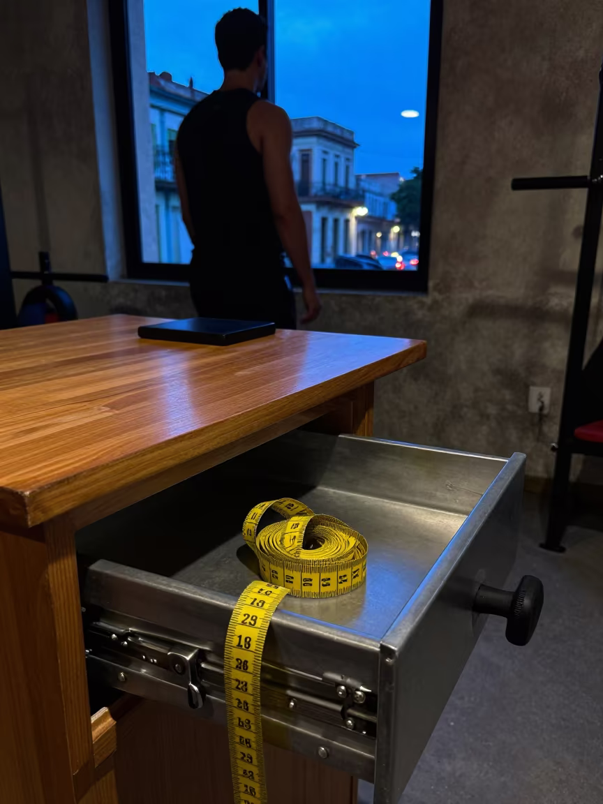 Silhouetted PT Tape Measure on Havana Desk in at a gym check-in desk near Vedado, Havana