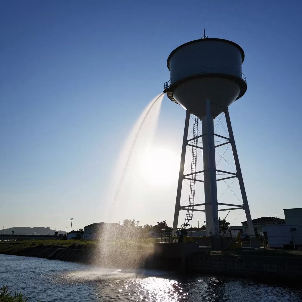 Silhouetted Pumping Station at Blue Hour in beside a water tower ladder near Busan