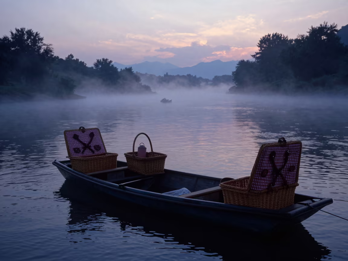 Silhouetted Punt with Hampers at Foggy Harbor in beside a fogbound harbor mouth in Sichuan