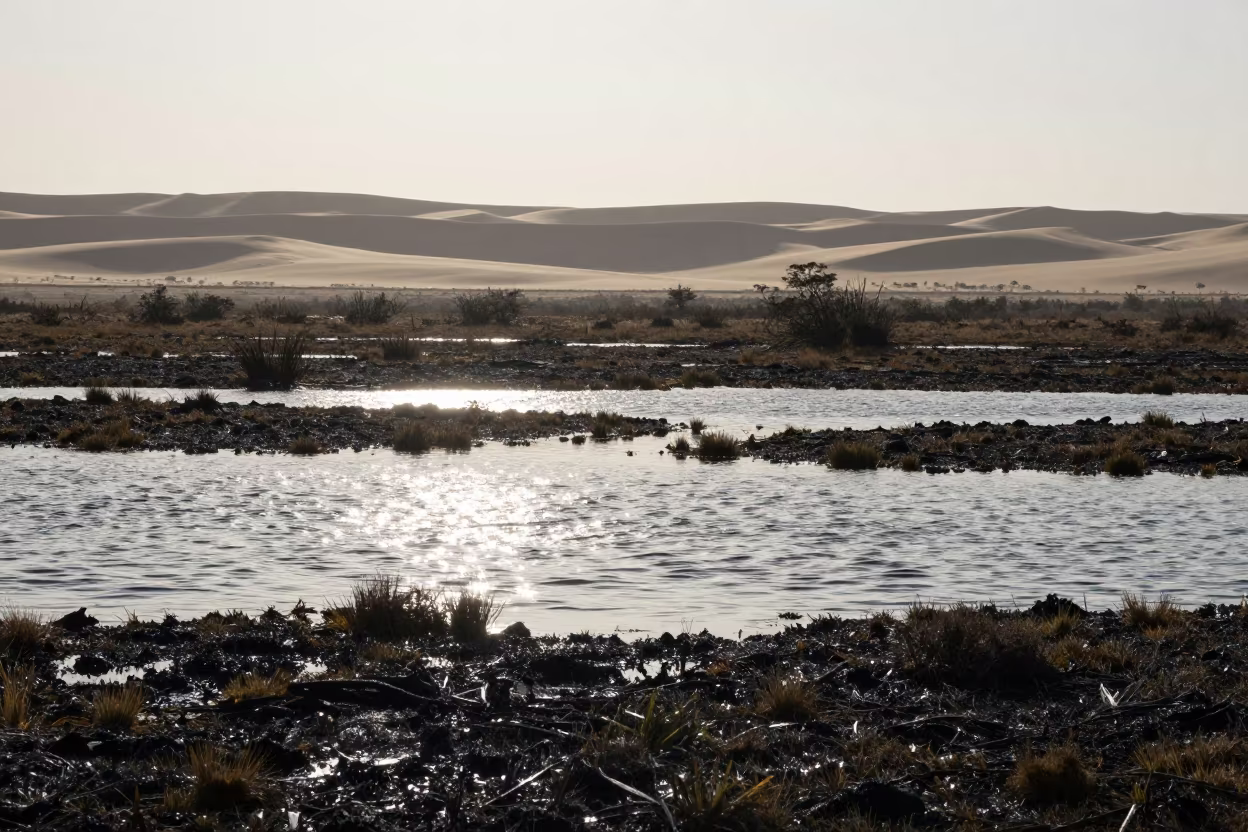 Silhouetted Quaking Bog in Sahara Wet Season in across a floodplain after rain in the Sahara