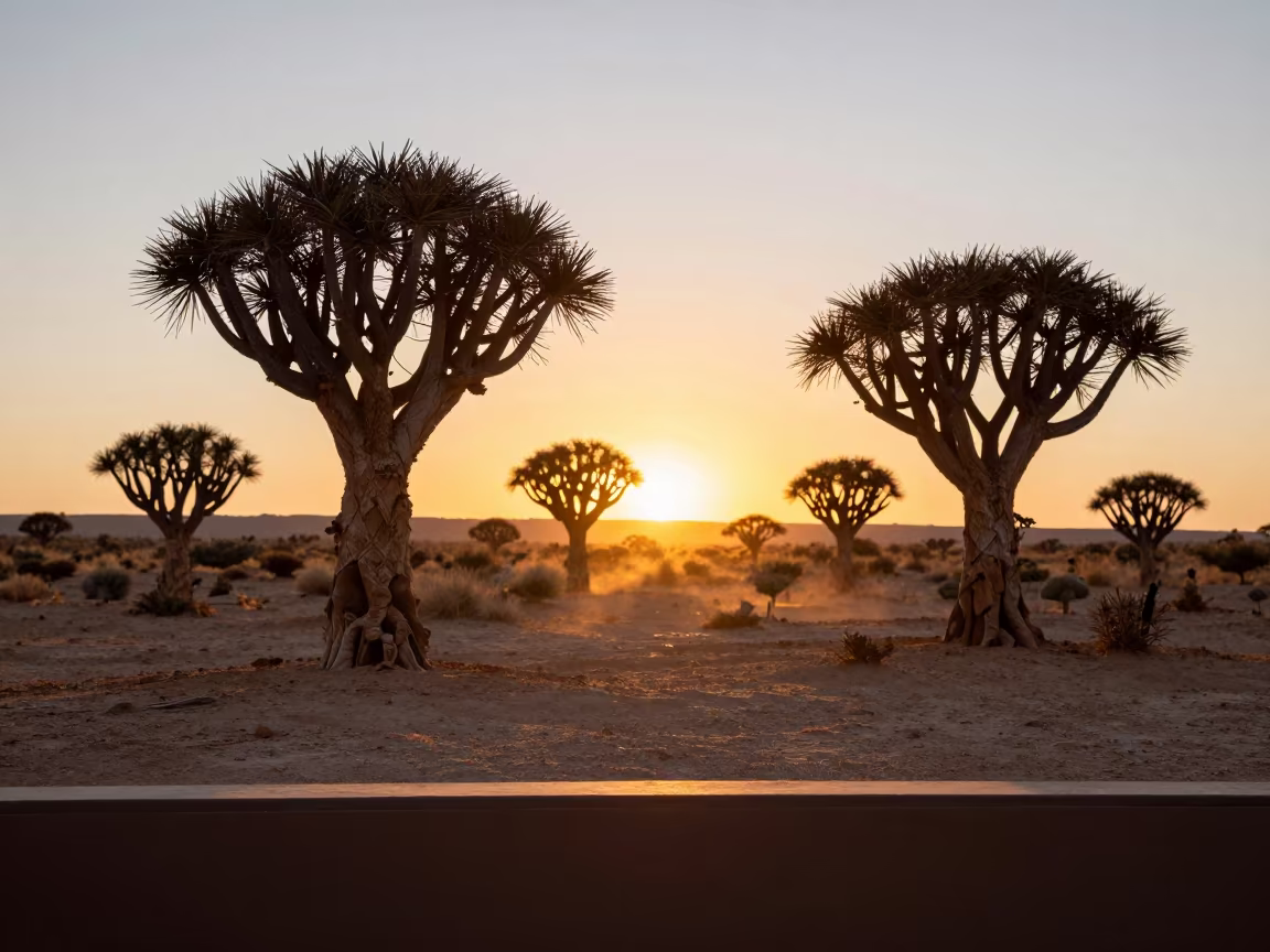 Silhouetted Quiver Trees Sunset Display in on a painted display ledge near Winnipeg