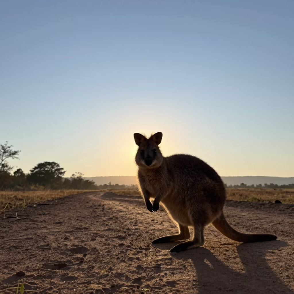 Silhouetted Quokka on Vientiane Trail at Dawn in along a game trail near Vientiane