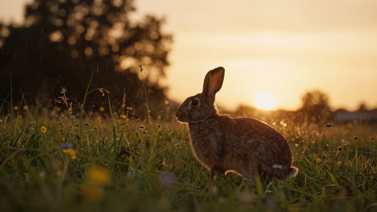 Silhouetted Rabbit in Golden Wildflower Field in near Callao