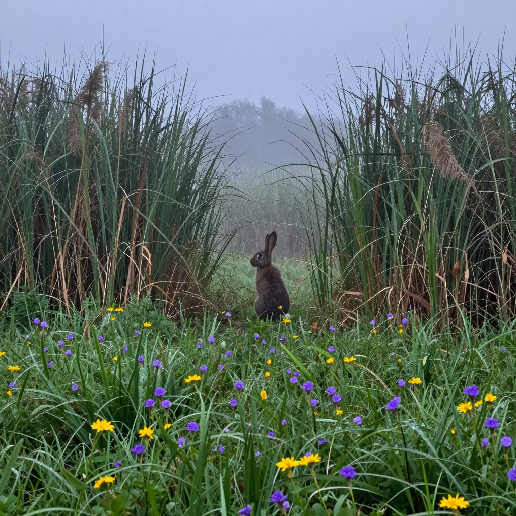 Silhouetted Rabbit in Grenadian Wildflower Dawn in at the edge of a reed bed in Grenada