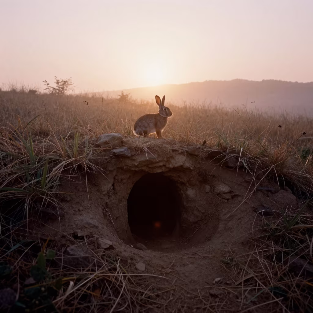 Silhouetted Rabbit at North Korean Warren Entrance in on a wind-scoured ridge in North Korea