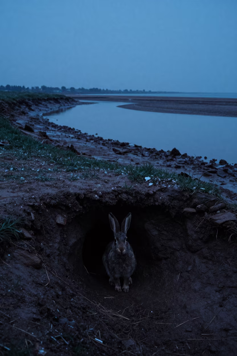 Silhouetted Rabbit at Tidal Inlet Twilight in beside a tidal inlet near Mascara