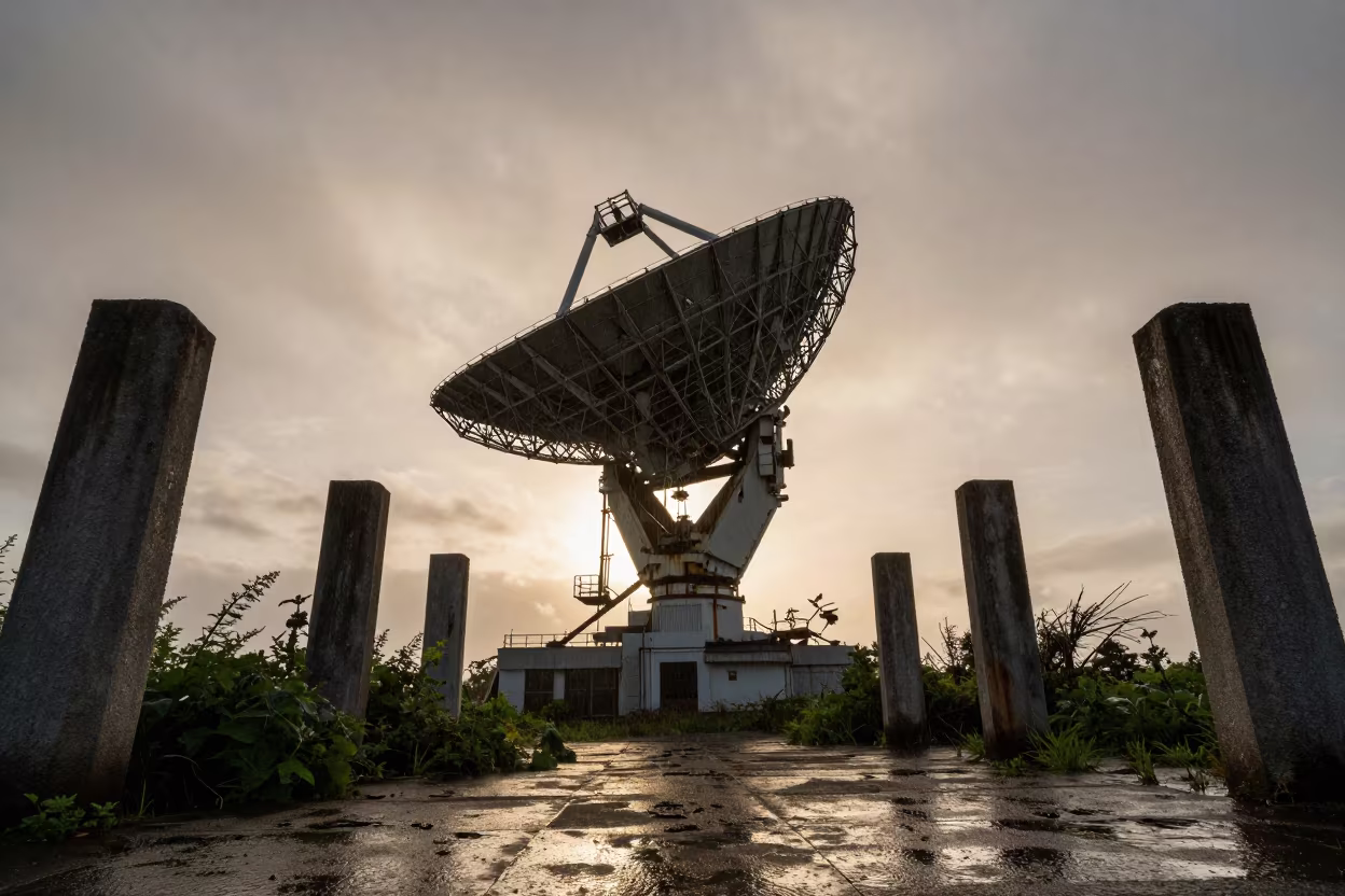 Silhouetted Radar Dish Amid Hokkaido Ruins in among toppled columns and nettles in Hokkaido