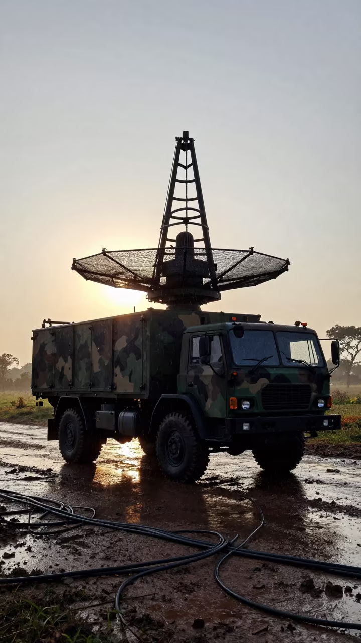 Silhouetted Radar Truck in Rainy Dawn Burundi in beneath a camouflage net shelter in Burundi