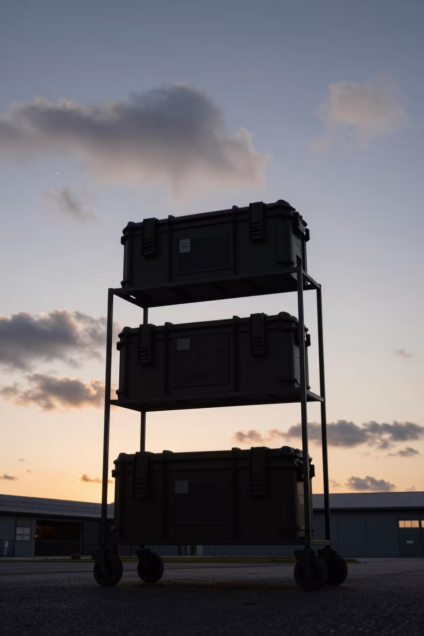 Silhouetted Radio Case Shelf at Frankfurt Dawn in at a checkpoint lane in Frankfurt