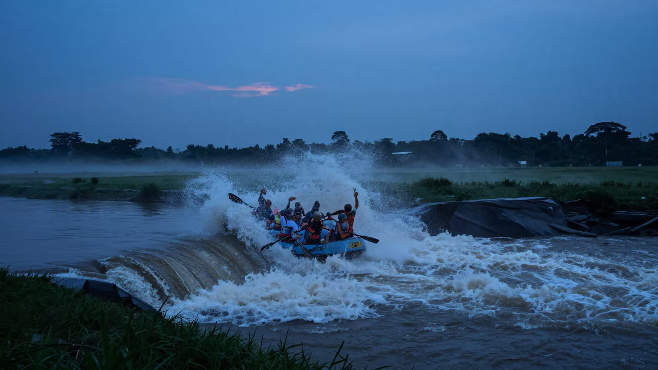 Silhouetted Rafter Punched Standing Wave in near open fields near Brickfields, Kuala Lumpur