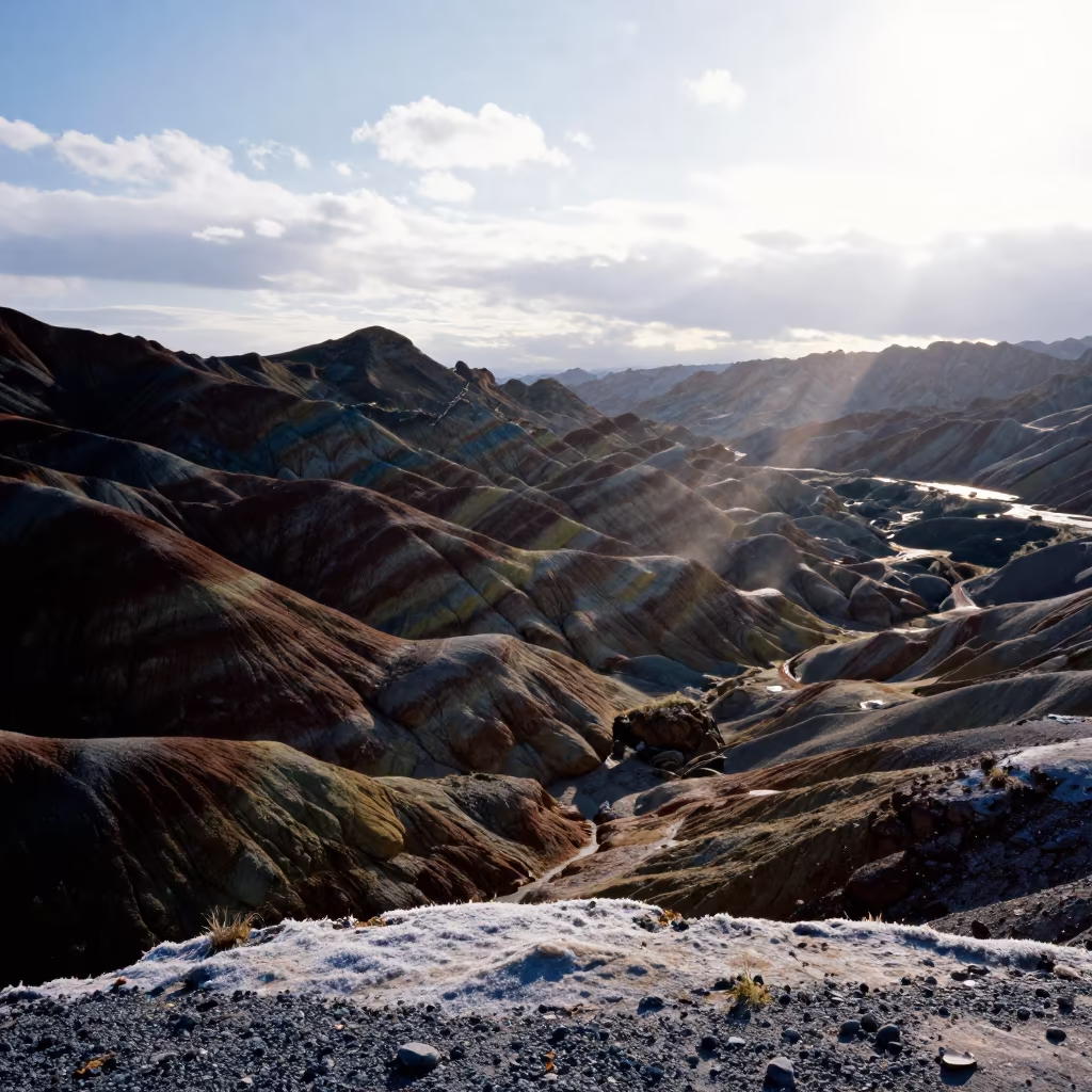 Silhouetted Rainbow Ridges Under Clouds at Nukus in beneath fast-moving cloud bands near Nukus