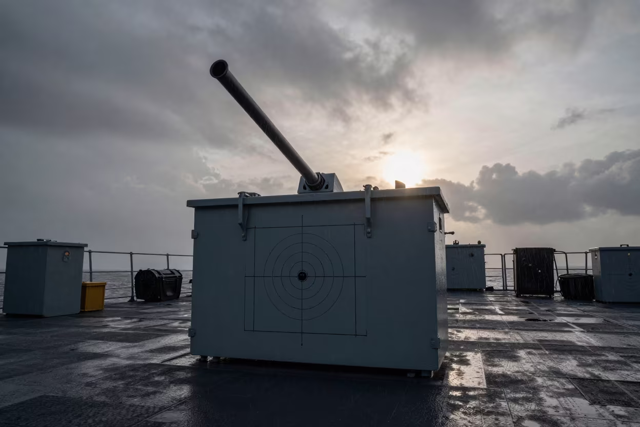 Silhouetted Range Target Paster on Naval Deck in on a naval deck in rough wind in Ahmedabad